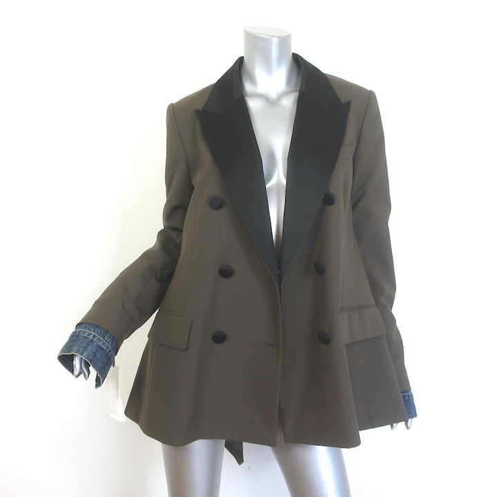 Sacai Denim-Back Double Breasted Suiting Jacket Olive Wool-Blend Size 4