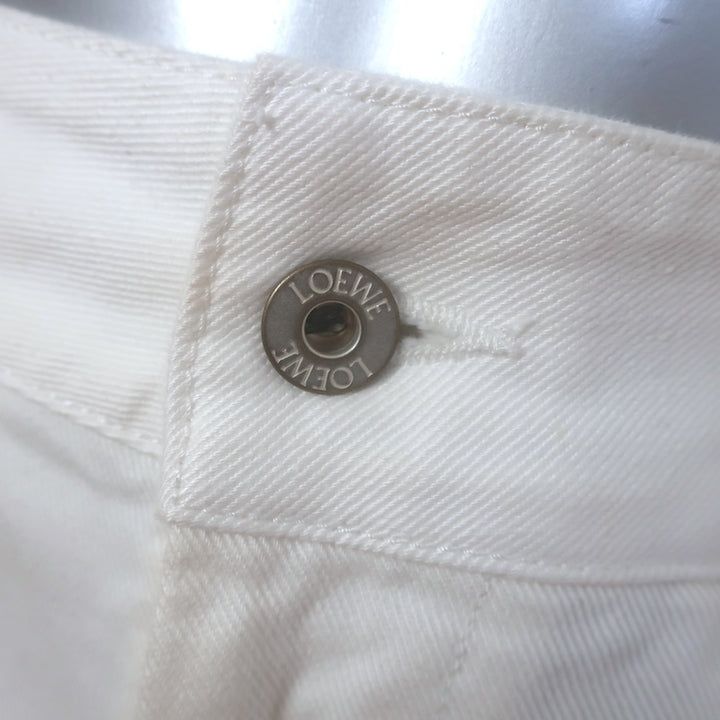 Loewe Sz 34, branded silver waist button on white denim