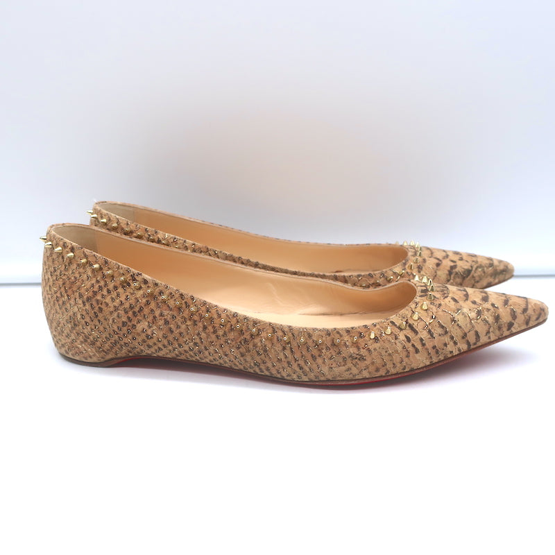 Christian Louboutin Anjalina Studded Snake-Effect Cork Flats Tan Size 39.5