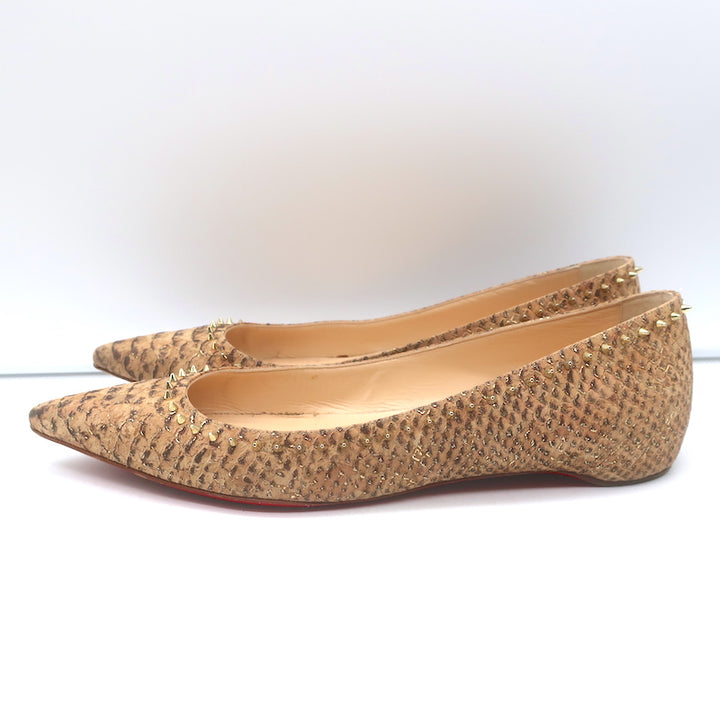 Christian Louboutin Anjalina Studded Snake-Effect Cork Flats Tan Size 39.5
