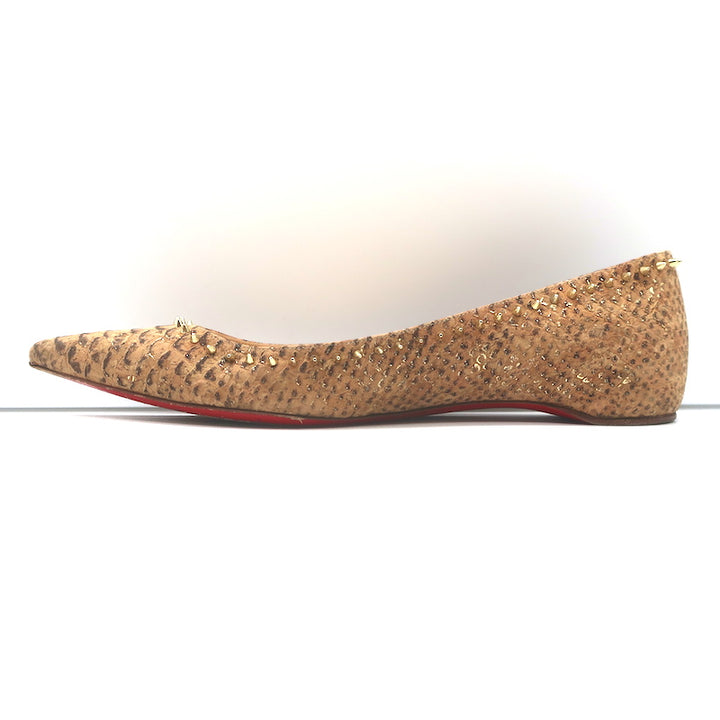 Christian Louboutin Anjalina Studded Snake-Effect Cork Flats Tan Size 39.5