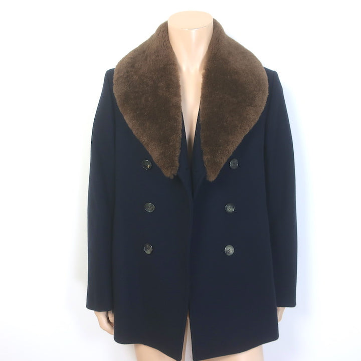 Alexander McQueen Shearling-Collar Peacoat Navy Wool-Cashmere Size 50