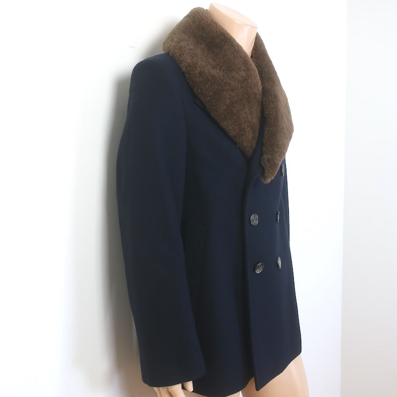 Alexander McQueen Shearling-Collar Peacoat Navy Wool-Cashmere Size 50