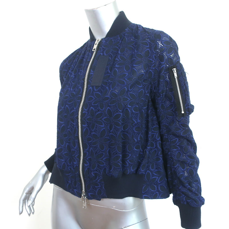 Sacai Luck Floral Lace Bomber Jacket Navy Cotton Size 1