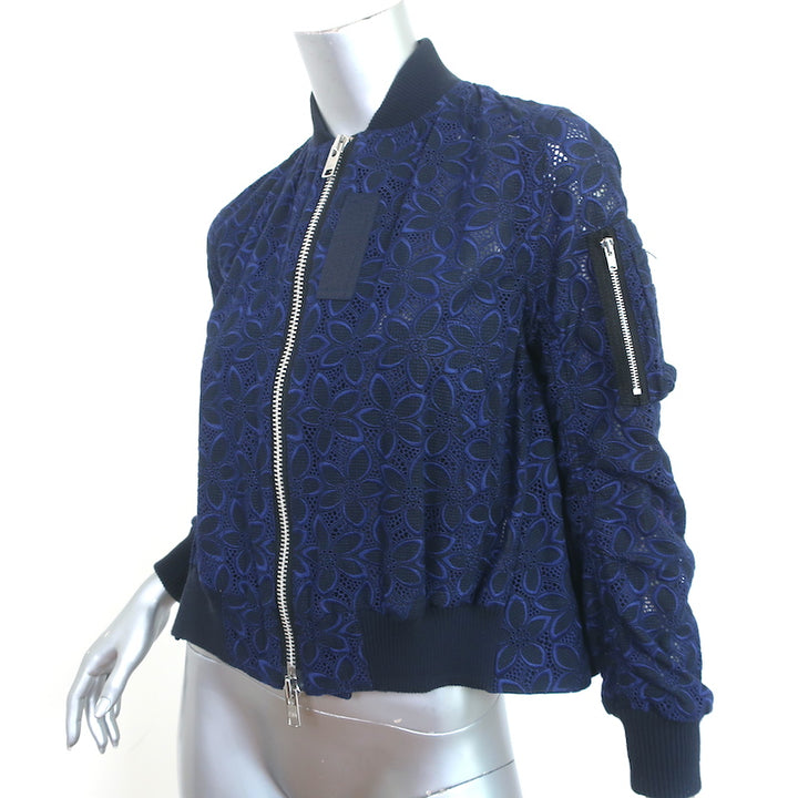 Sacai Luck Floral Lace Bomber Jacket Navy Cotton Size 1