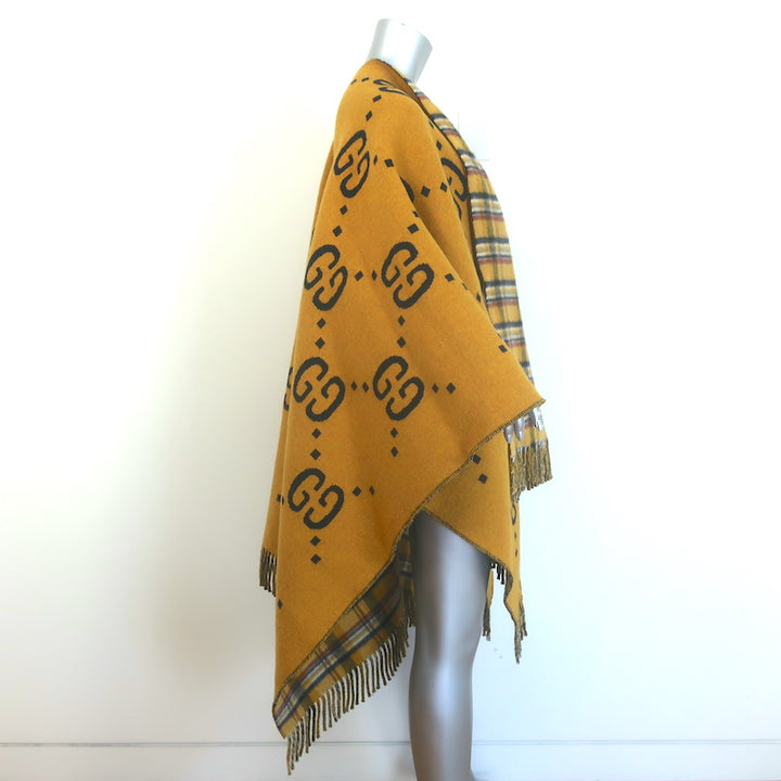 Gucci Reversible GG Wool &amp; Plaid Poncho Mustard Yellow/Multicolor