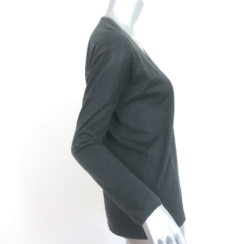 Brunello Cucinelli Monili-Trim Cashmere Sweater Charcoal Size Medium