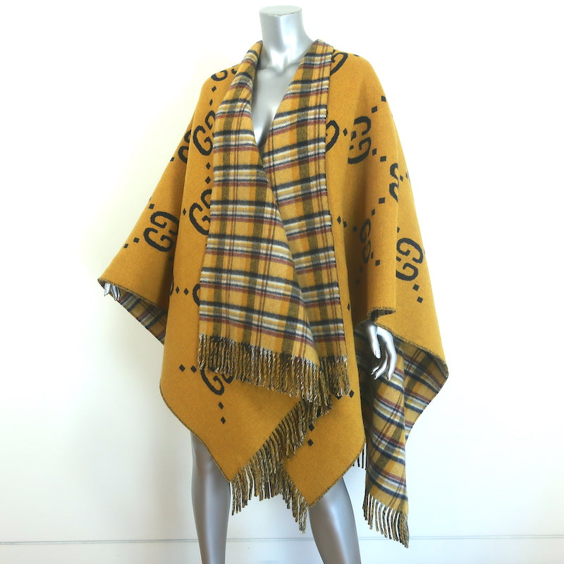 Gucci Reversible GG Wool &amp; Plaid Poncho Mustard Yellow/Multicolor