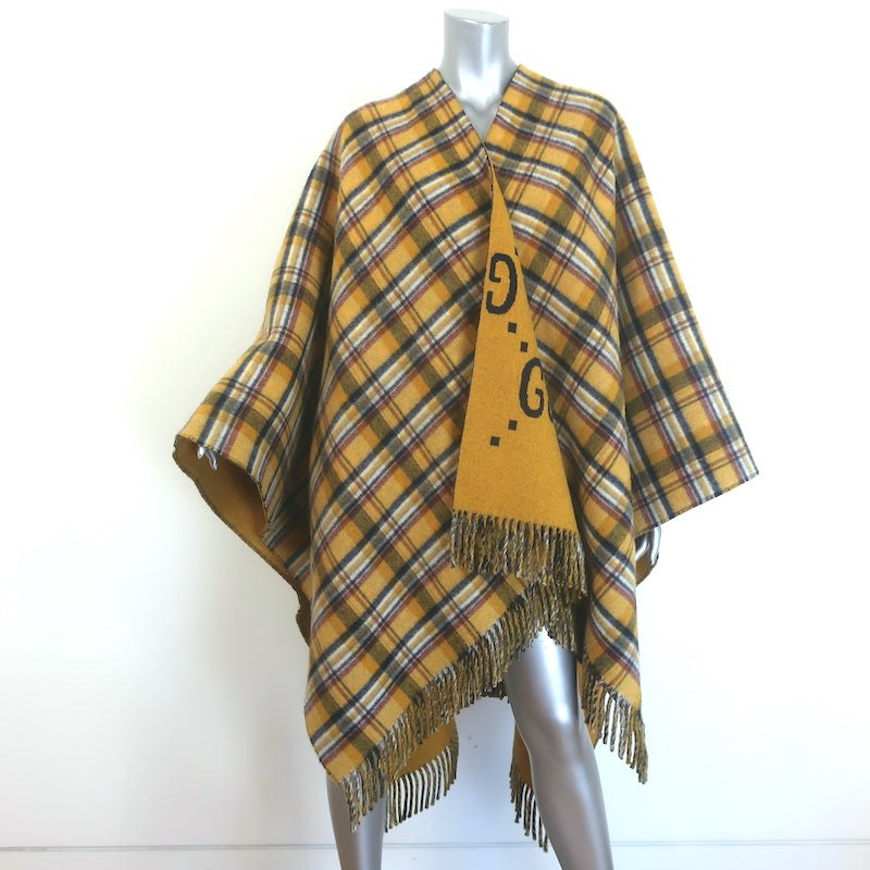 Gucci Reversible GG Wool &amp; Plaid Poncho Mustard Yellow/Multicolor