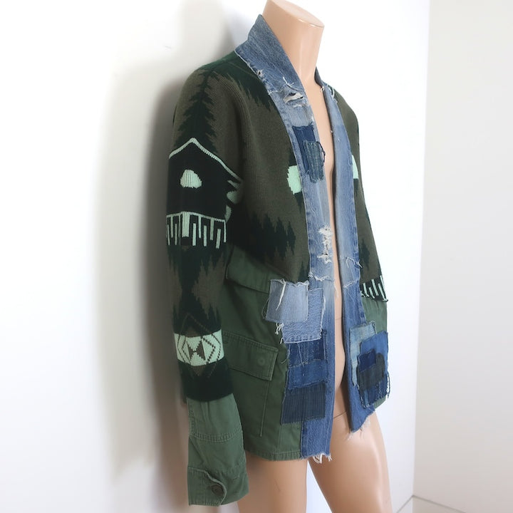 Greg Lauren x Alanui Cashmere &amp; Denim Patchwork Field Jacket Size Extra Small