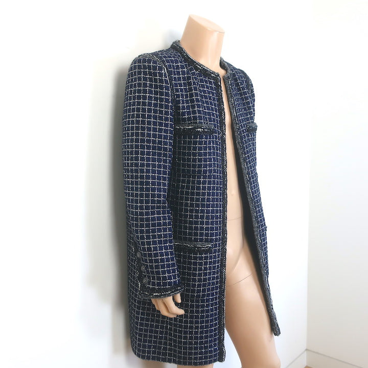 Chanel 17A Cosmopolite Fantasy Tweed Coat Navy/Silver Cotton-Blend Size 54 NEW