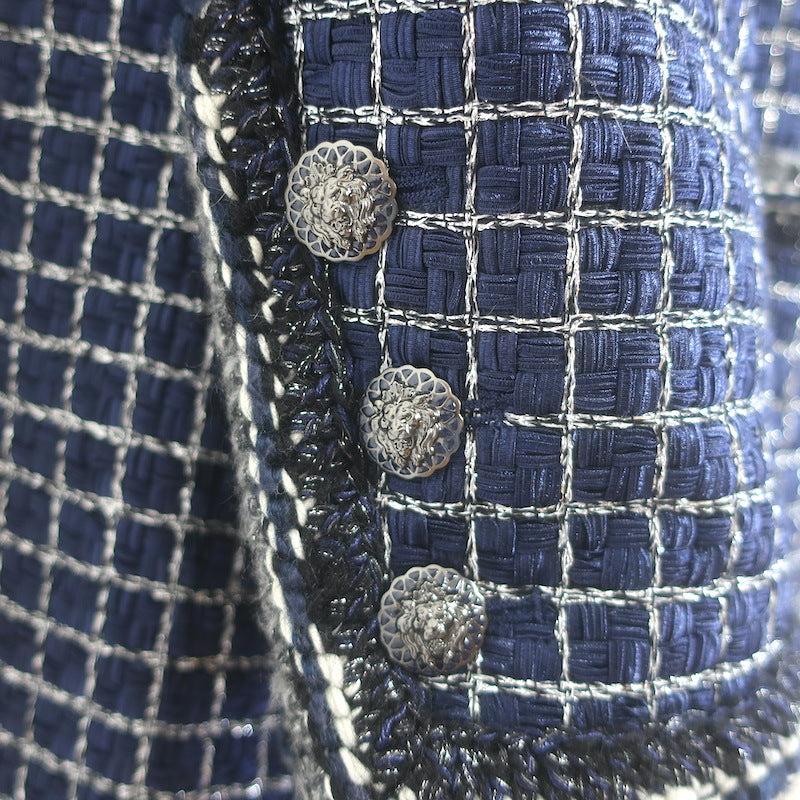 Chanel 17A Cosmopolite Fantasy Tweed Coat Navy/Silver Cotton-Blend Size 54 NEW
