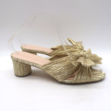 Loeffler Randall Emilia Knot Slide Sandals Gold Pleated Lame Size 8