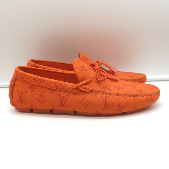 Louis Vuitton LV Driver Moccasins Orange Monogram Grained Leather Size 7.5