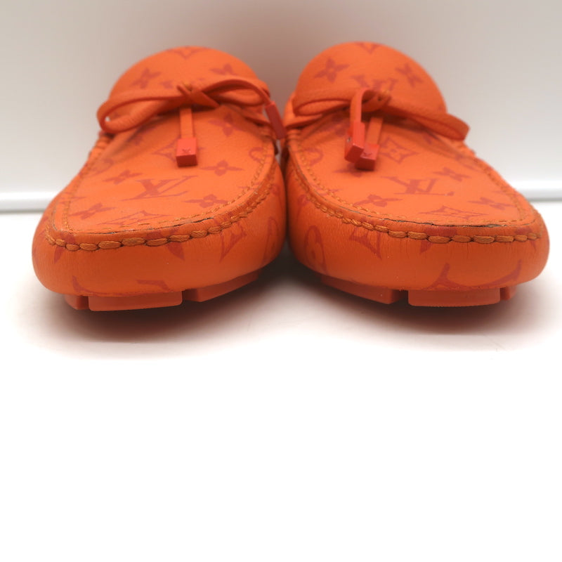 Louis Vuitton LV Driver Moccasins Orange Monogram Grained Leather Size 7.5