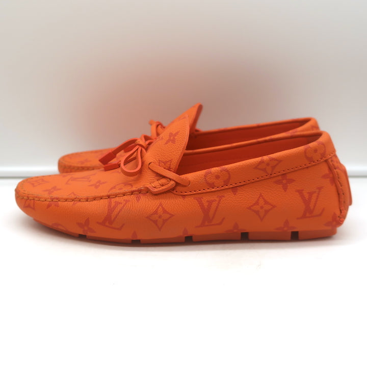 Louis Vuitton LV Driver Moccasins Orange Monogram Grained Leather Size 7.5