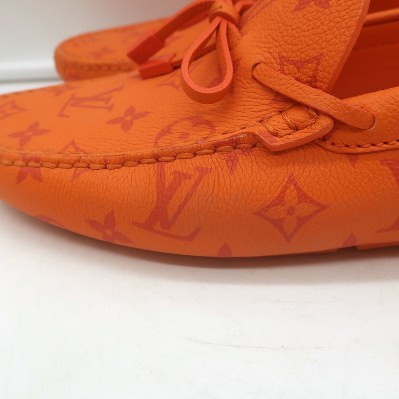 Louis Vuitton LV Driver Moccasins Orange Monogram Grained Leather Size 7.5