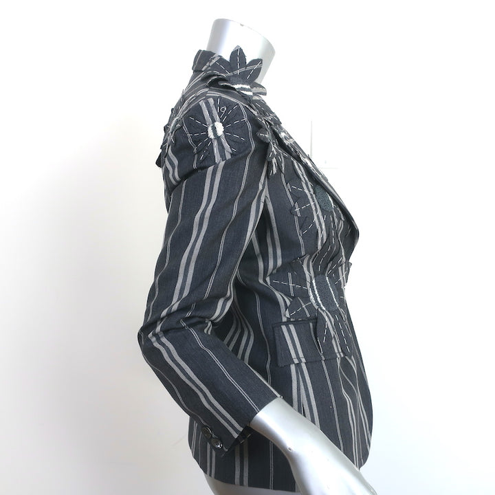 Thom Browne Floral Applique Striped Blazer Gray Size 42 Two Button Jacket