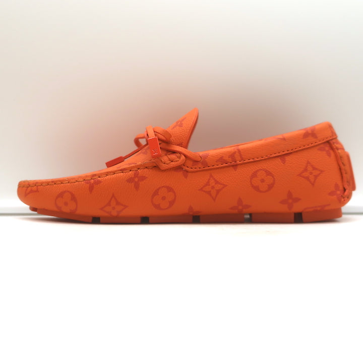 Louis Vuitton LV Driver Moccasins Orange Monogram Grained Leather Size 7.5