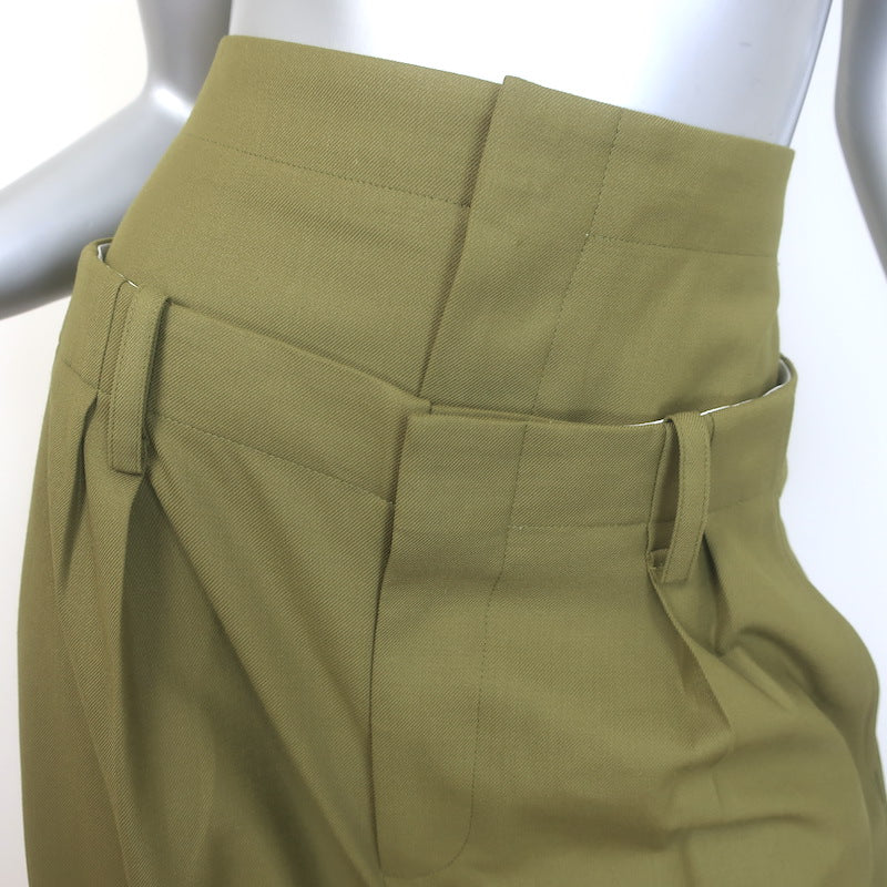 Victoria Beckham Double Waistband Trousers Olive Stretch Wool Size US 4