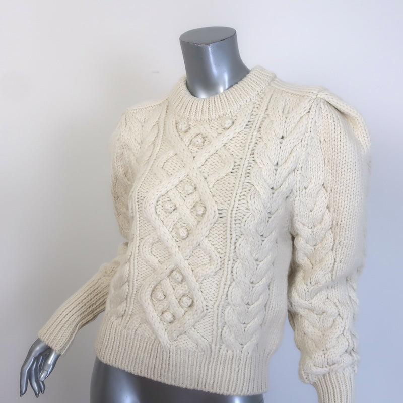 Isabel Marant Milford Puff Sleeve Cable Knit Sweater Ecru Wool Size 34 NEW