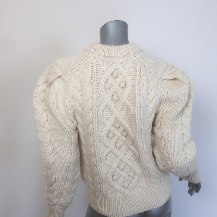 Isabel Marant Milford Puff Sleeve Cable Knit Sweater Ecru Wool Size 34 NEW