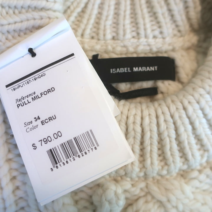 Isabel Marant Milford Puff Sleeve Cable Knit Sweater Ecru Wool Size 34 NEW