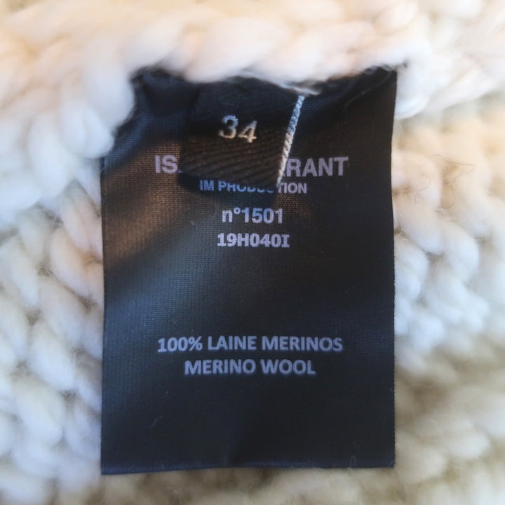 Isabel Marant Milford Puff Sleeve Cable Knit Sweater Ecru Wool Size 34 NEW