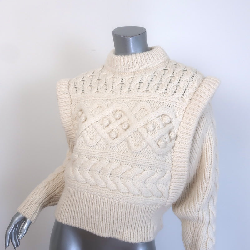 Isabel Marant Milane Cropped Cable Knit Sweater Cream Merino Wool Size 34
