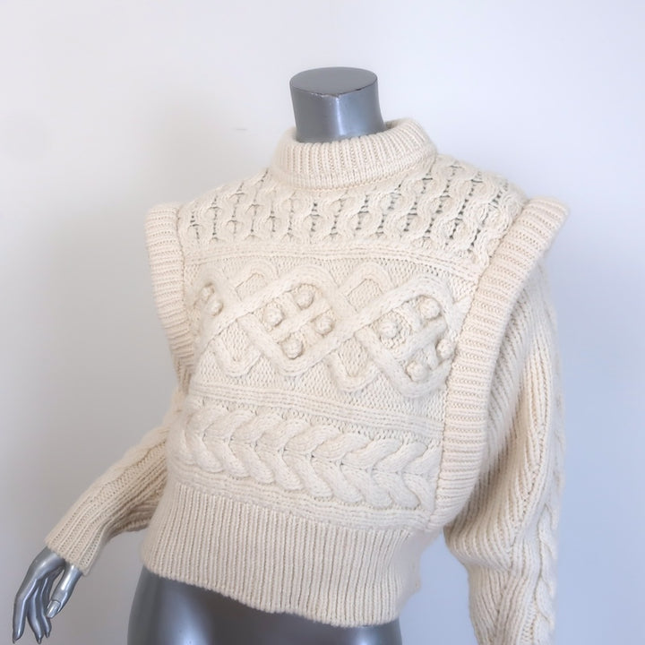 Isabel Marant Milane Cropped Cable Knit Sweater Cream Merino Wool Size 34