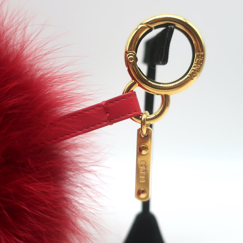 Fendi Fox Fur Heart Pom Pom Bag Charm with Leather Tab Red/Pink