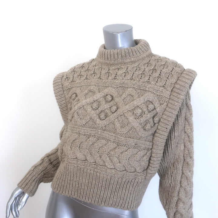 Isabel Marant Milane Cropped Cable Knit Sweater Taupe Merino Wool Size 34
