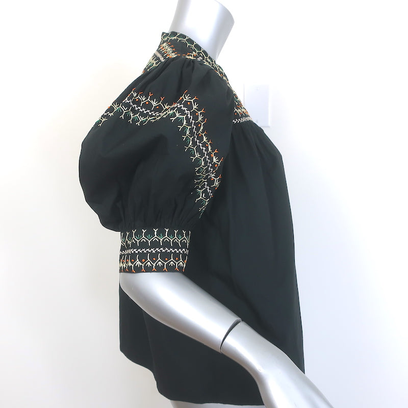 Ulla Johnson Noam Embroidered Top Black Cotton Size 6 Puff Sleeve Blouse