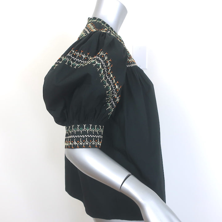 Ulla Johnson Noam Embroidered Top Black Cotton Size 6 Puff Sleeve Blouse