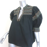Ulla Johnson Noam Embroidered Top Black Cotton Size 6 Puff Sleeve Blouse
