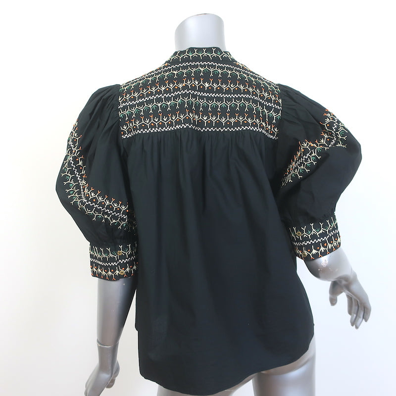 Ulla Johnson Noam Embroidered Top Black Cotton Size 6 Puff Sleeve Blouse