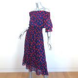 MISA Off the Shoulder Midi Dress Navy Leaf Print Smocked Georgette Size Small