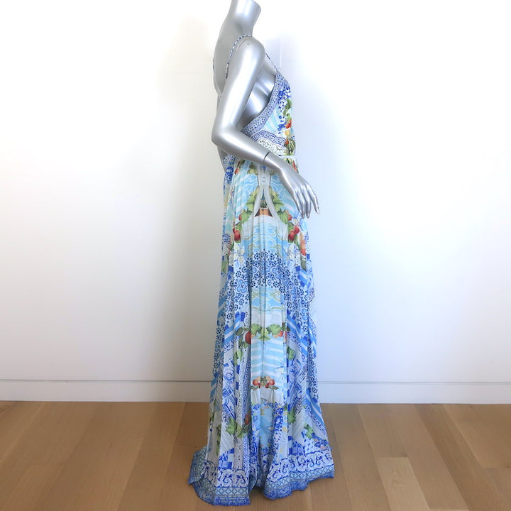 Camilla A Night To Remember Pleated Maxi Slip Dress Blue Printed Silk Size Large