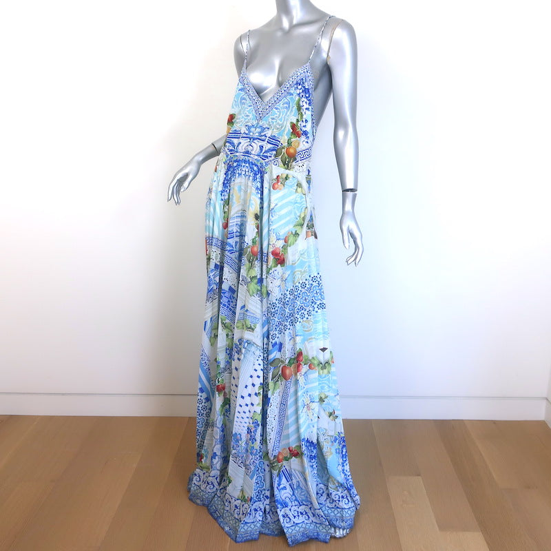 Camilla A Night To Remember Pleated Maxi Slip Dress Blue Printed Silk Size Large