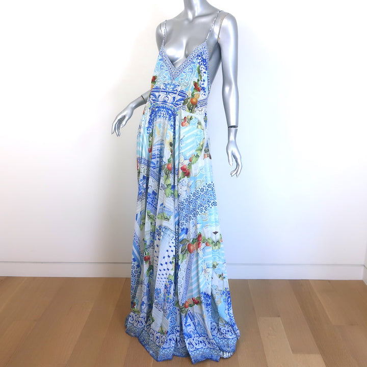 Camilla A Night To Remember Pleated Maxi Slip Dress Blue Printed Silk Size Large