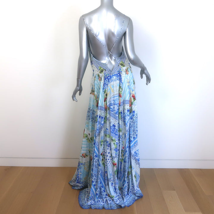 Camilla A Night To Remember Pleated Maxi Slip Dress Blue Printed Silk Size Large
