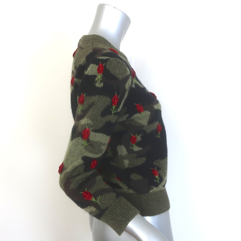 Michael Kors Collection Cashmere Rose-Embroidered Camo Sweater Olive Size Small