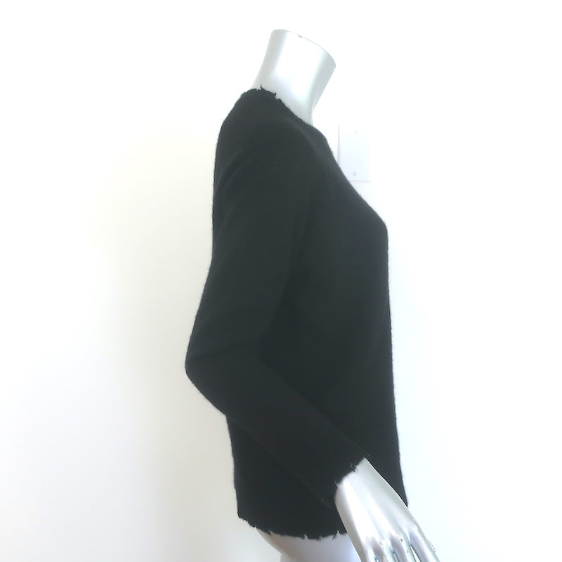 Authentic Minnie Rose cashmere frayed-edge crew sweater in black, size M — pre-owned, gently worn luxury piece