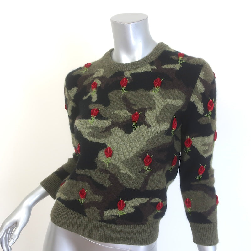 Michael Kors Collection Cashmere Rose-Embroidered Camo Sweater Olive Size Small