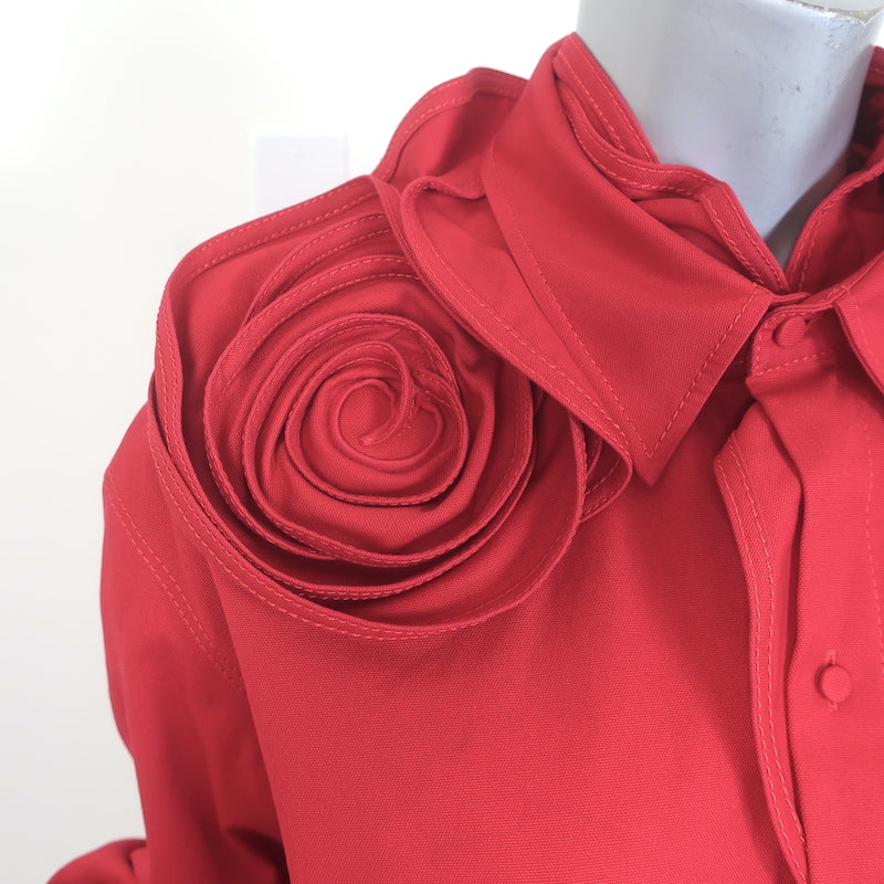 Valentino Rosette Collared Shirt Red Stretch Cotton Size 42 Long Sleeve Top