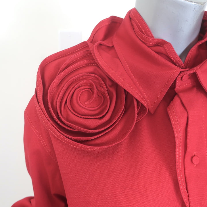 Valentino Rosette Collared Shirt Red Stretch Cotton Size 42 Long Sleeve Top