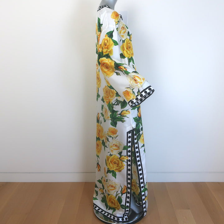 Dolce &amp; Gabbana Rose Print Kaftan Maxi Dress White/Yellow Silk Twill Size 36