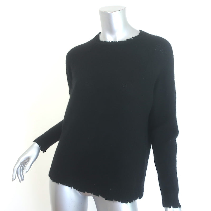 Minnie Rose authentic cashmere frayed-edge crew sweater in black, size M — pre-owned luxury piece