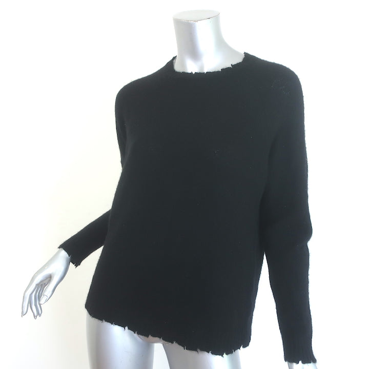 Minnie Rose authentic cashmere frayed-edge crew sweater in black, size M — pre-owned luxury piece