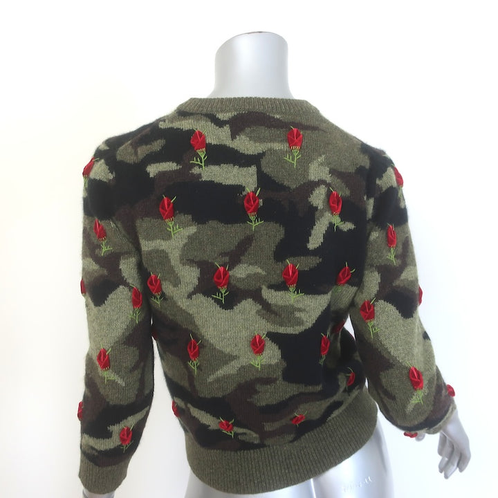 Michael Kors Collection Cashmere Rose-Embroidered Camo Sweater Olive Size Small